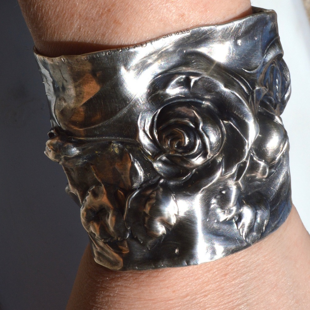 Rose Floral Rare Antique Solid Sterling Silver 925 Wide Cuff Wedding Bridal - Picture 8 of 8
